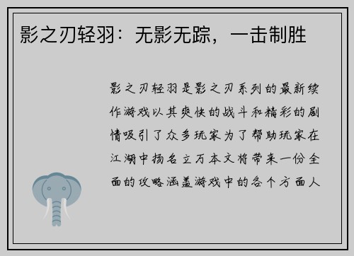 影之刃轻羽：无影无踪，一击制胜